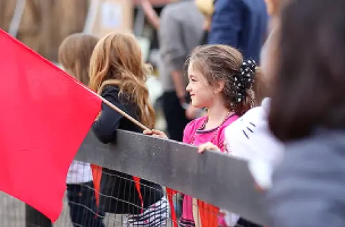 Un niño sostiene una bandera roja y observa una actividad desde detrás de una valla. 