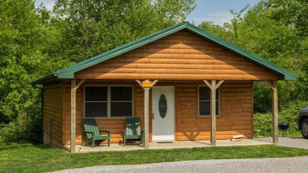 El exterior de una cabaña de madera rodeada de vegetación