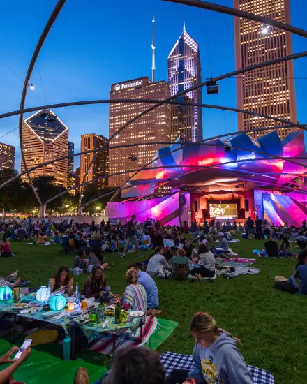 Una multitud se reunió en el césped para asistir a un concierto nocturno en el Millennium Park de Chicago.