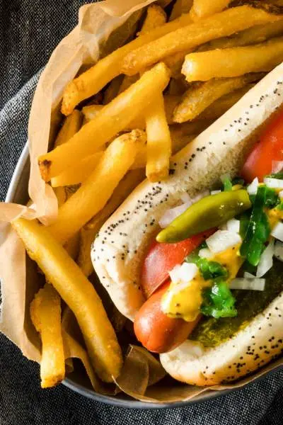 Perrito caliente estilo Chicago con patatas fritas