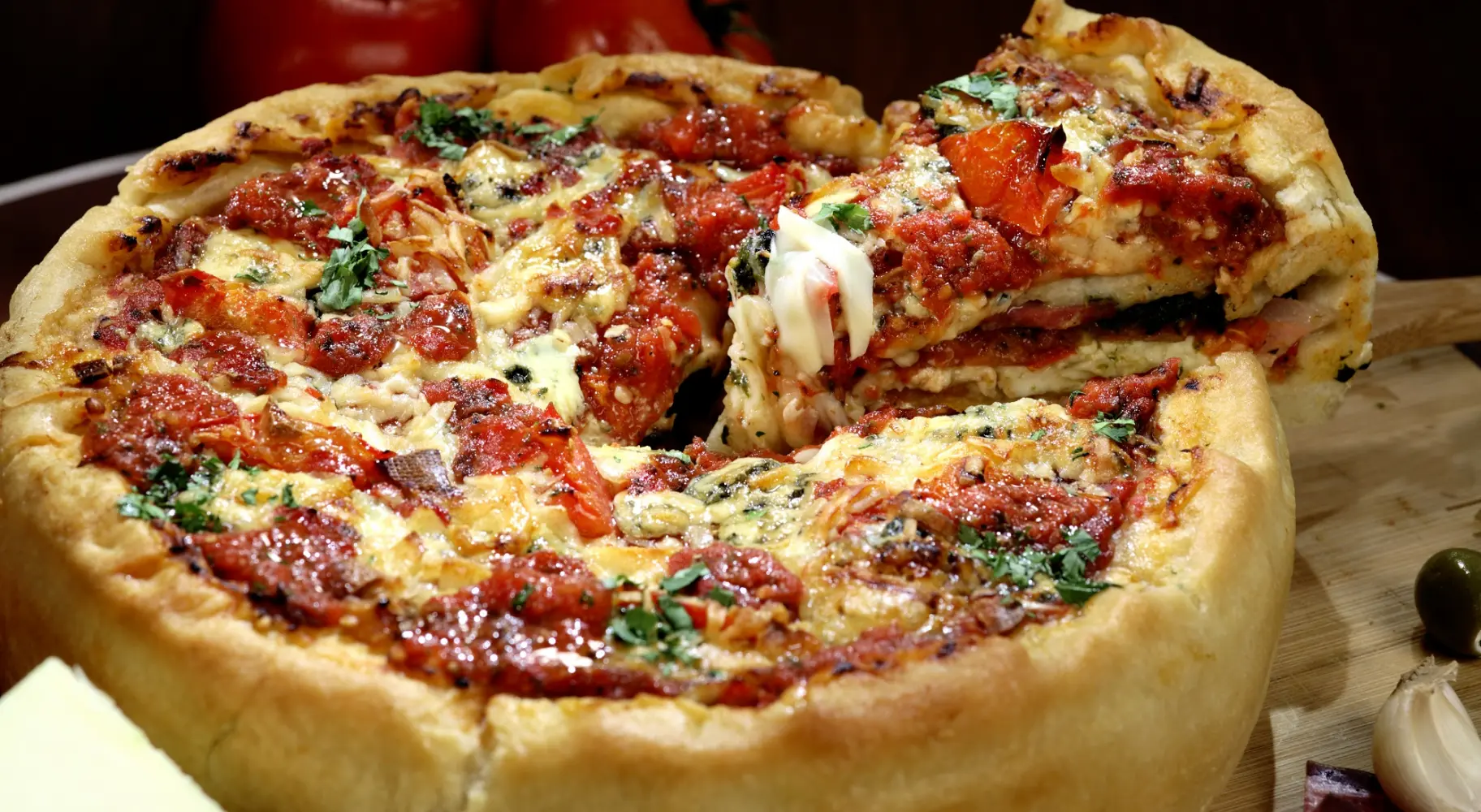 Una porción de pizza de borde alto servida