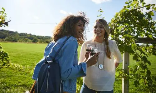 Dos chicas ríen mientras disfrutan de un vino tinto en un viñedo