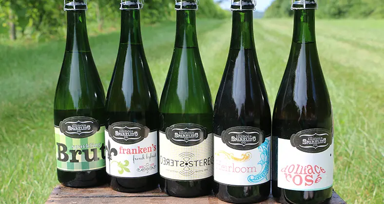 Cinco botellas de vino espumoso en una caja de madera