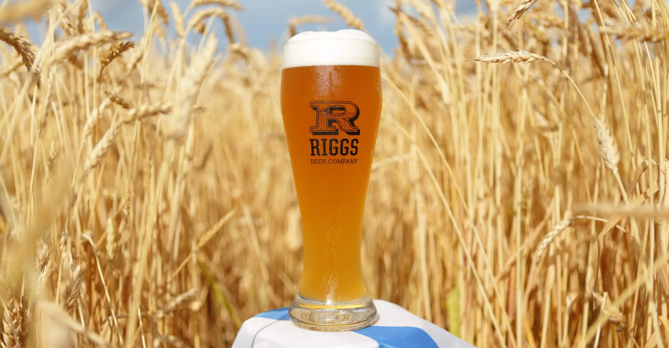 Cerveza Riggs en medio de un campo. 