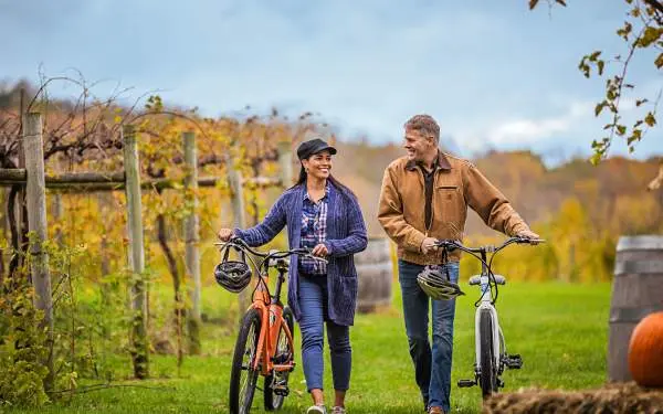 Dos personas paseando en bicicleta por un viñedo