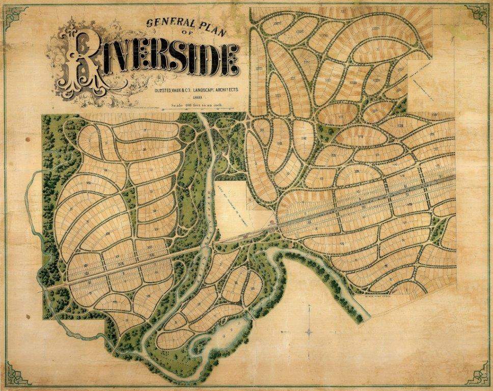 Un plano de la ciudad del siglo XIX con el título "Plan General de Riverside".