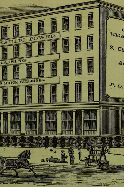 Ilustración del siglo XIX de un edificio levantado con gatos hidráulicos en Chicago. Imagen de dominio público de Wikimedia Commons: https://commons.wikimedia.org/wiki/File:Illinois_state_business_directory_-_1860_(1860)_(14761103841).jpg
