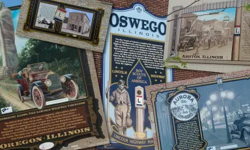 Un collage de murales interpretativos de la autopista Lincoln de Illinois