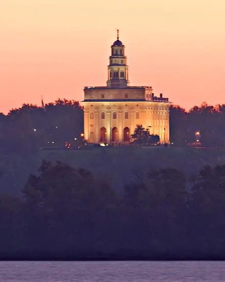 Un templo con luces detrás de árboles y un río