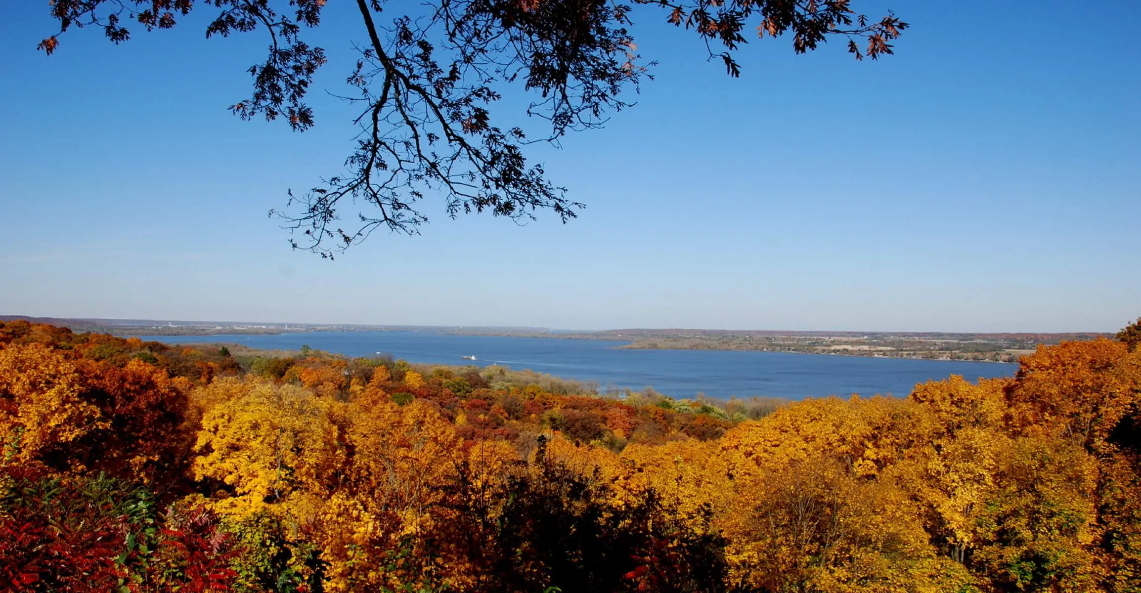 Un mirador sobre un bosque con colores otoñales mirando hacia el lago Peoria