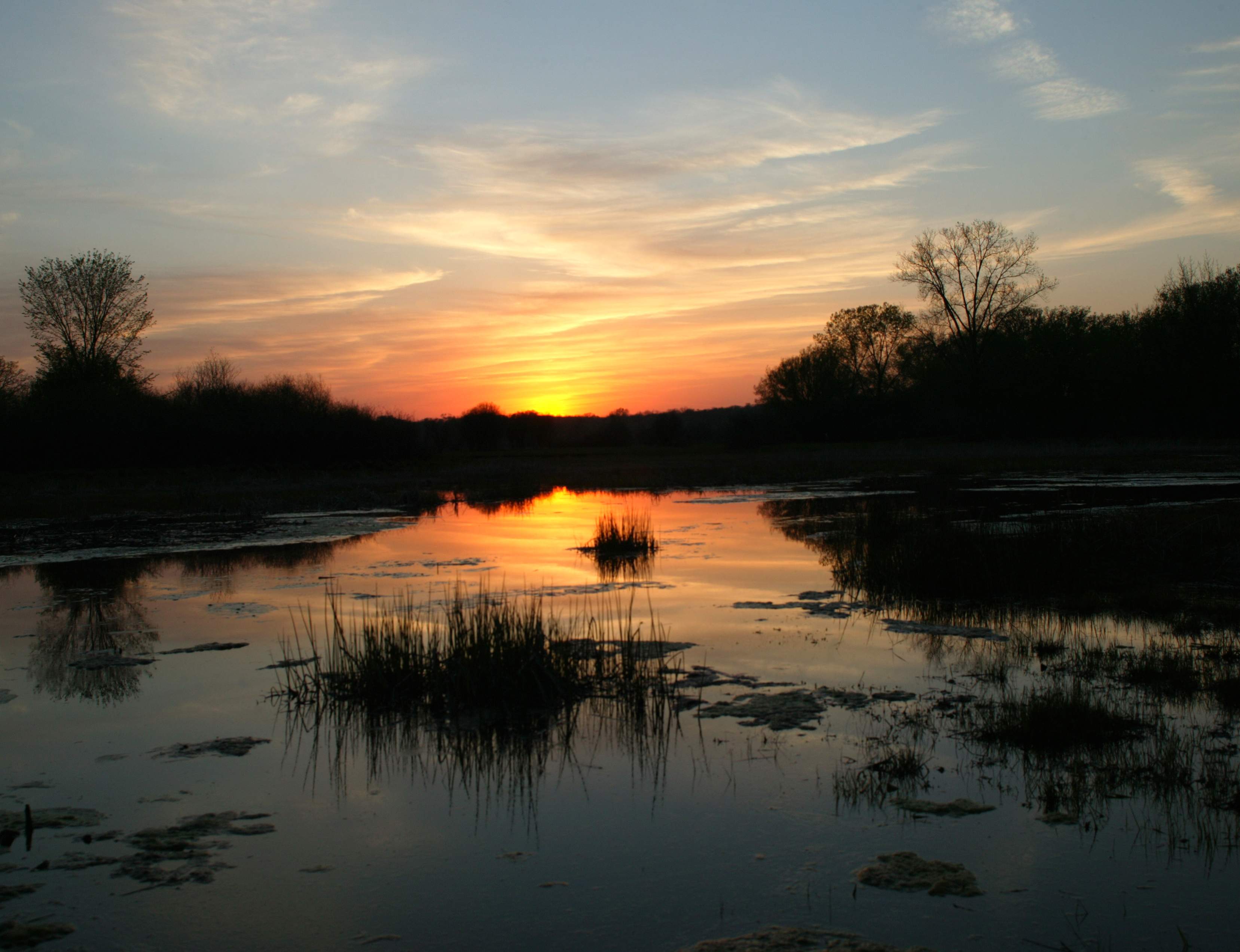 Puesta de sol sobre el agua en el Parque Estatal Chain O Lakes, en el valle del río Fox