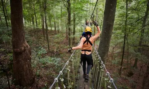 Personas en un puente que cruza los bosques con arneses y cascos de seguridad en Canopy Tours.