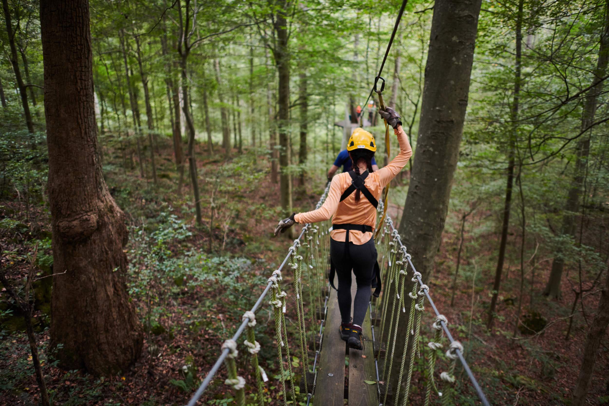 Personas en un puente que cruza los bosques con arneses y cascos de seguridad en Canopy Tours.