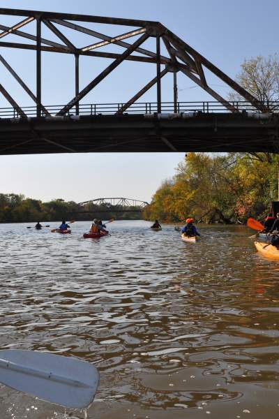 Un grupo de personas remando por el río en canoas
