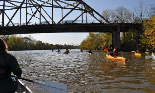 Un grupo de personas remando por el río en canoas