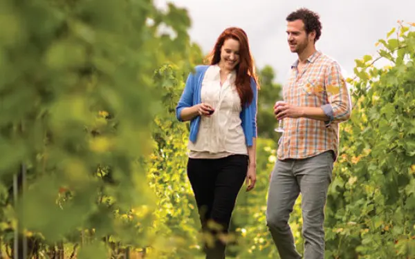 Una pareja pasea por Blue Sky Vineyards, en el sur Illinois.