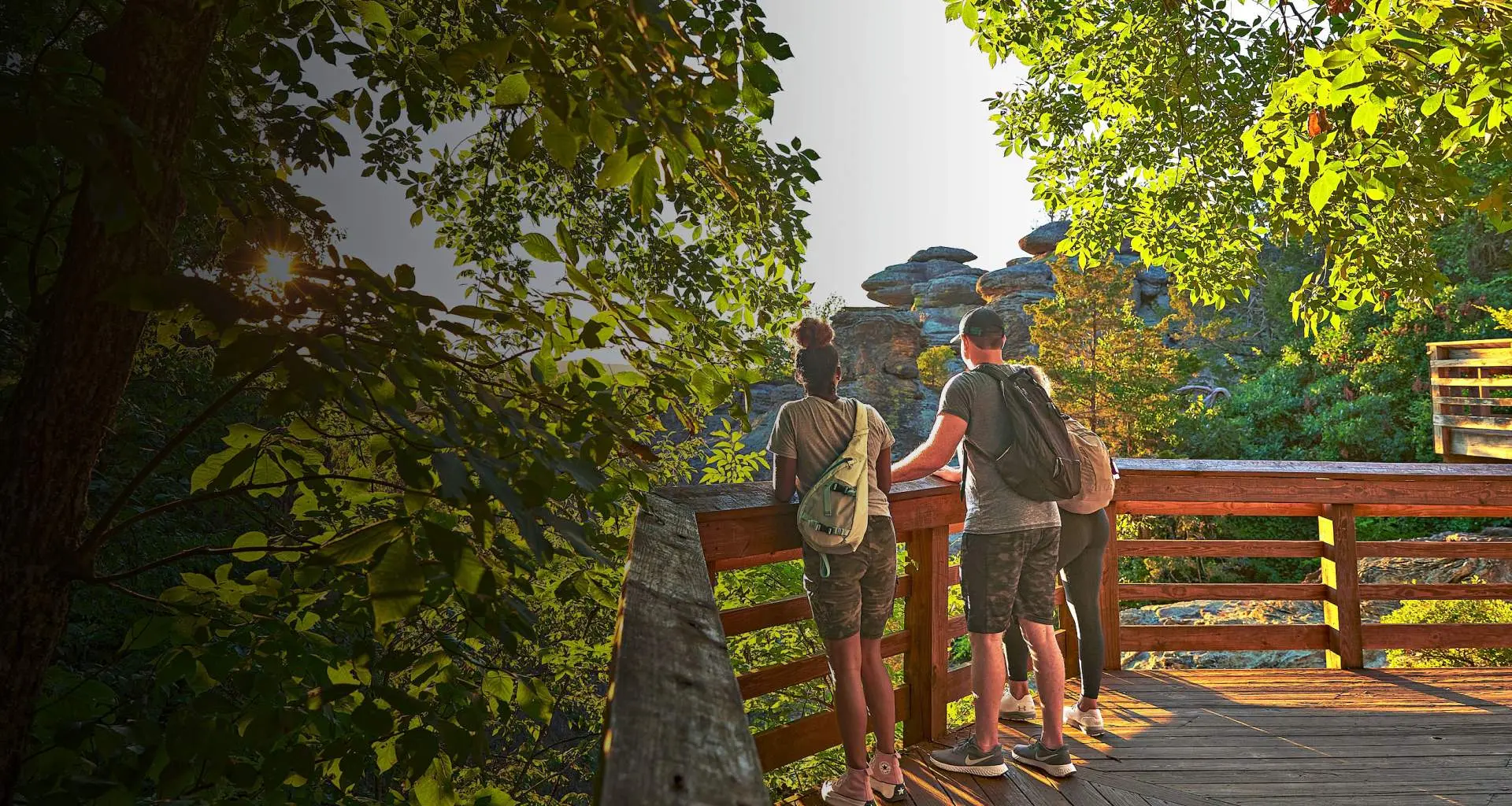 Excursionistas contemplan Garden of the Gods desde un mirador