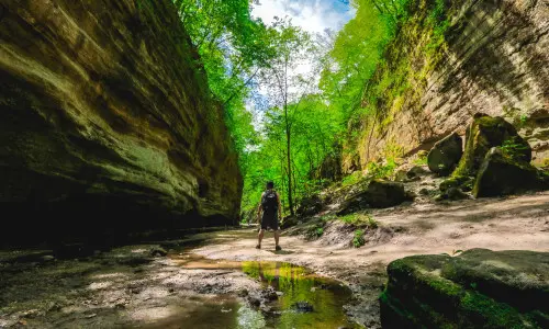 Un hombre entre dos paredes rocosas 