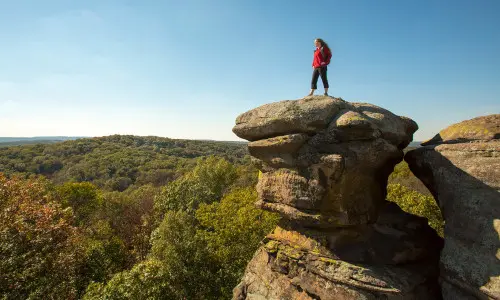 Mujer de pie sobre una gran roca con vistas al bosque