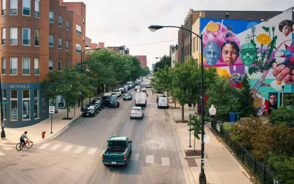 Vista de una calle con árboles y vehículos