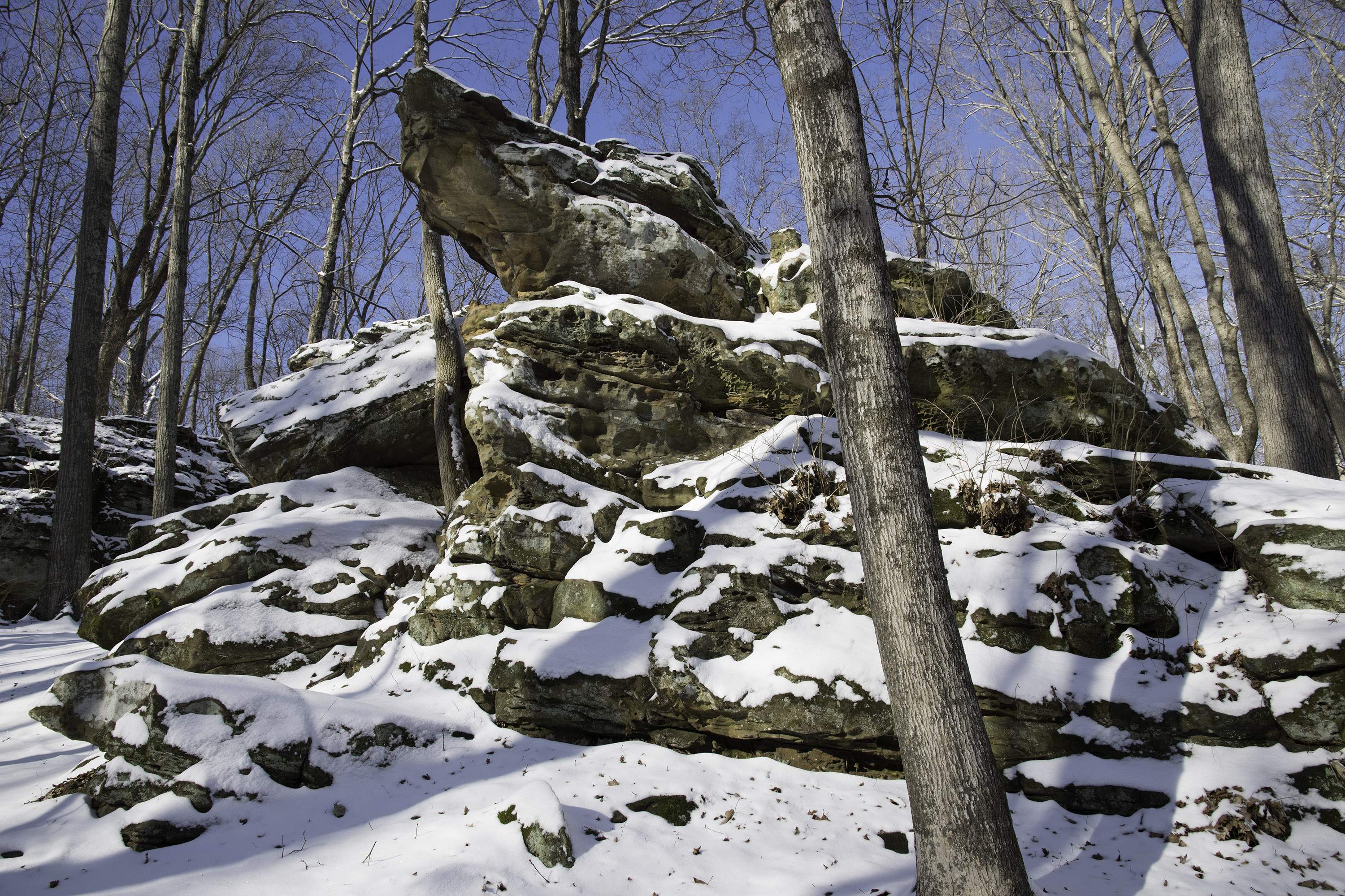 Rocas cubiertas de nieve en un sendero del Parque Estatal de Giant City