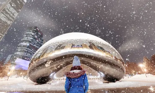 Chica mirando The Bean en invierno